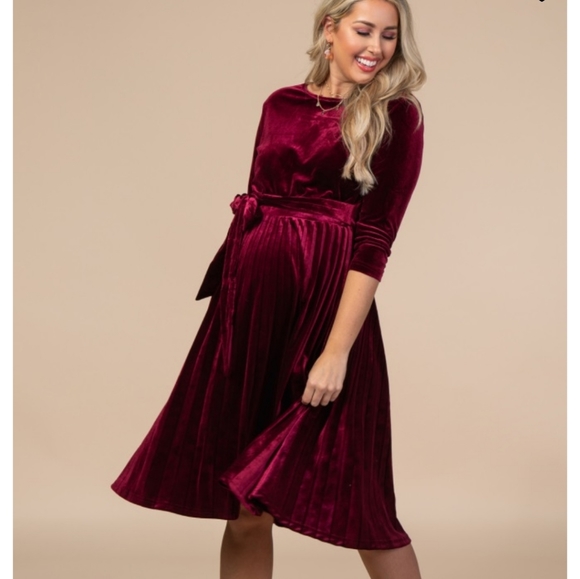Pinkblush Dresses & Skirts - Pinkblush Burgundy Velvet Pleated Maternity Dress